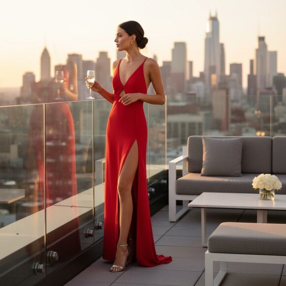 Mac Duggal Red Thin Strap Cutout High Slit V-Neck Gown Size 8 NWT Size 8 - Picture 1 of 5